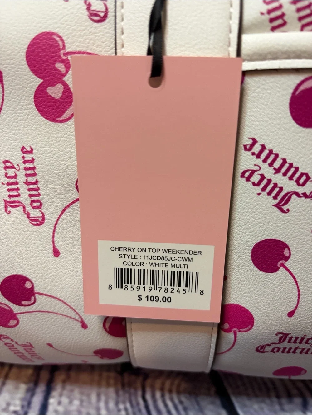 Juicy Couture Cherry Print Weekender Bag White Pink Duffle Travel Bag